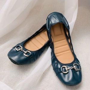 Navy Blue Leather Scrunch Ballet Flat Silver Detail Horsebit Cushion Comfort 7.5